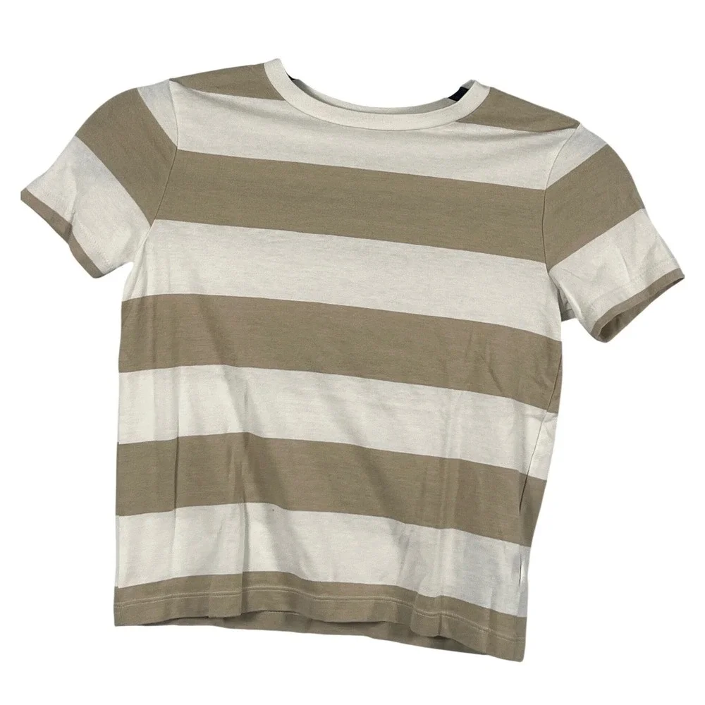 Old Navy Kids Tan Striped Solid Blue Short Sleeve Shirt Casual Vacation Preppy 6